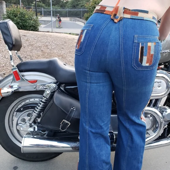 RARE VINTAGE 70s Suede Patchwork Wideleg Bell Bottoms Jeans - Picture 10 of 12